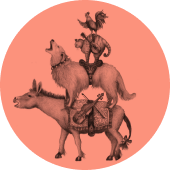 Donkey, dog, cat, and rooster form a pyramid